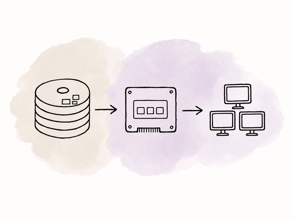 Hot media blocks are copied from spinning disks into SSD cache and then read by several workstations.