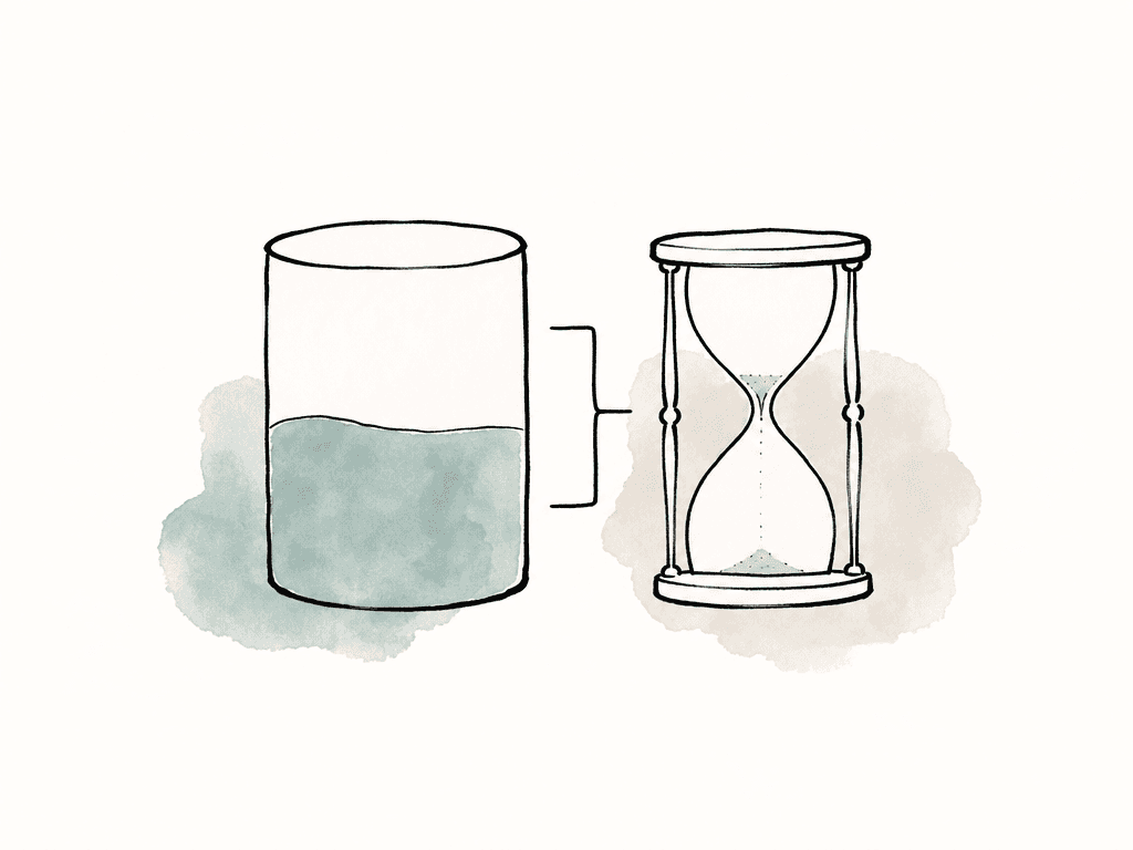 Hand-drawn storage gauge beside a nearly empty hourglass, suggesting alerts based on capacity and time remaining.