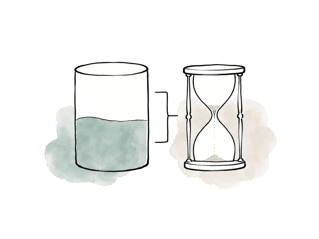 Hand-drawn storage gauge beside a nearly empty hourglass, suggesting alerts based on capacity and time remaining.