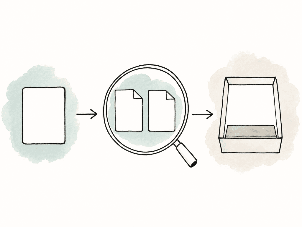 Hand-drawn camera card flowing through verified duplicate files into a storage box with remaining space.