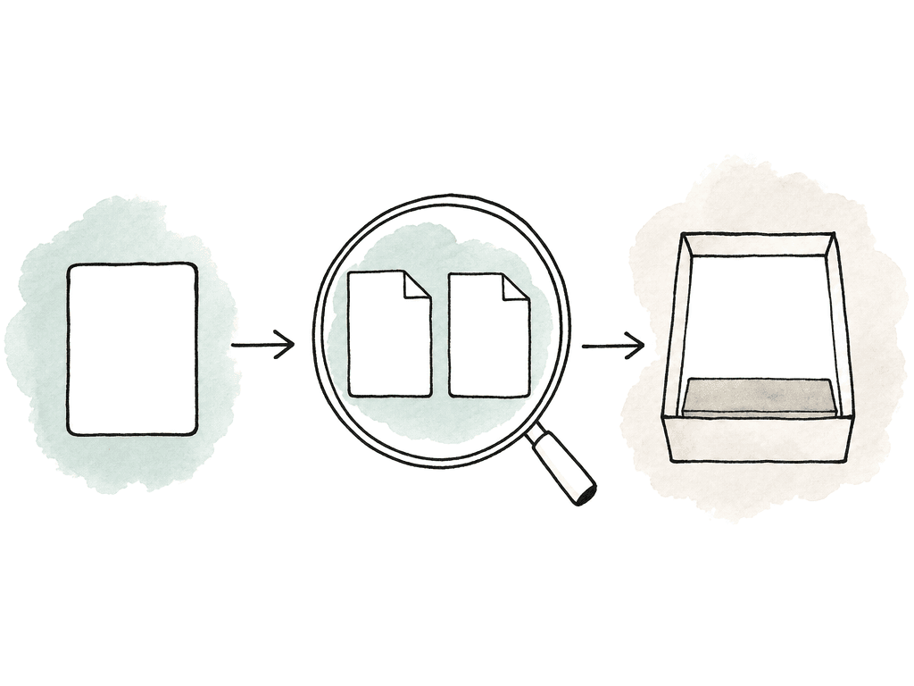 Hand-drawn camera card flowing through verified duplicate files into a storage box with remaining space.