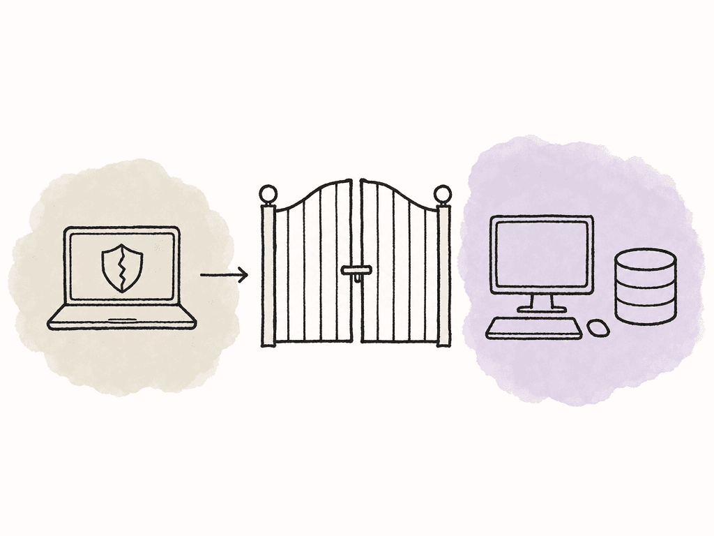 A doodle shows a laptop with a damaged shield blocked by a closed gate from reaching a workstation and media storage.