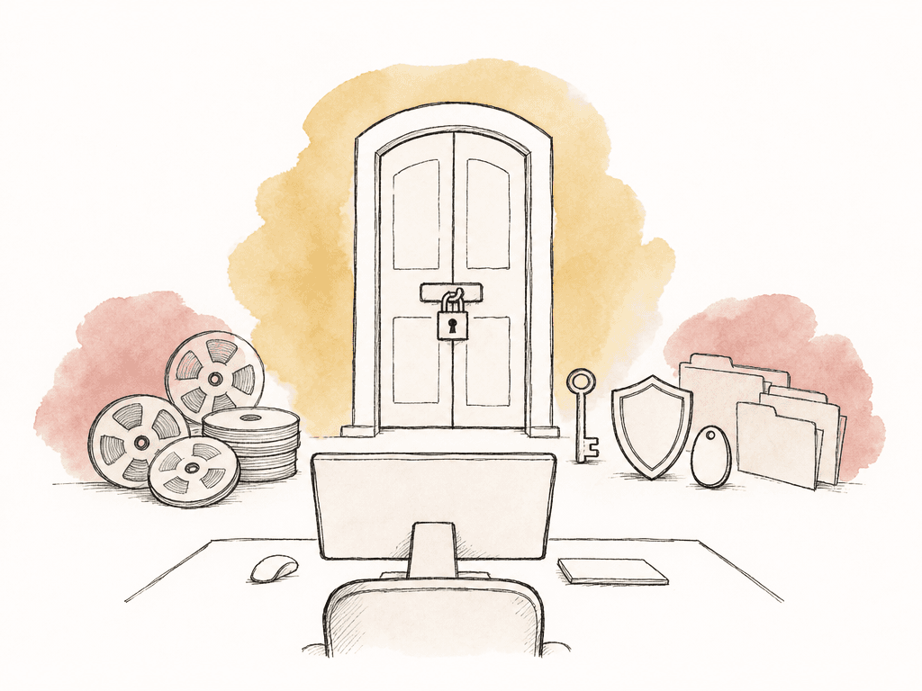 A hand-drawn locked gate with a key and shield blocks access to a workstation and media folders behind it.