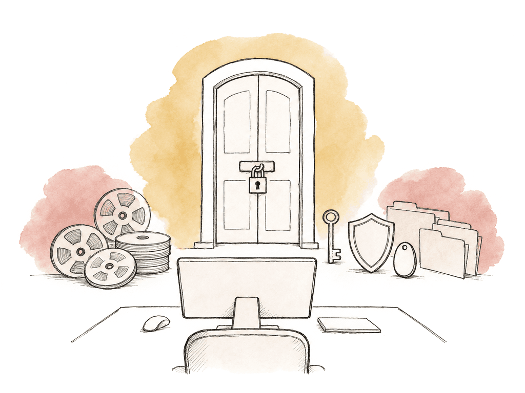 A hand-drawn locked gate with a key and shield blocks access to a workstation and media folders behind it.