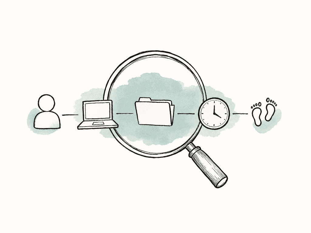 A magnifying glass examines connected icons of a person, laptop, resource, clock, and activity marks.