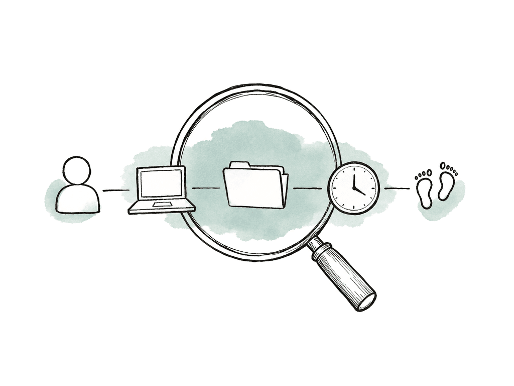A magnifying glass examines connected icons of a person, laptop, resource, clock, and activity marks.