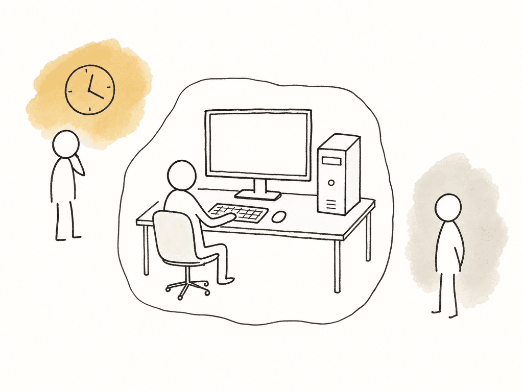 Hand-drawn diagram of one user controlling a shared workstation while two other users wait or observe nearby.