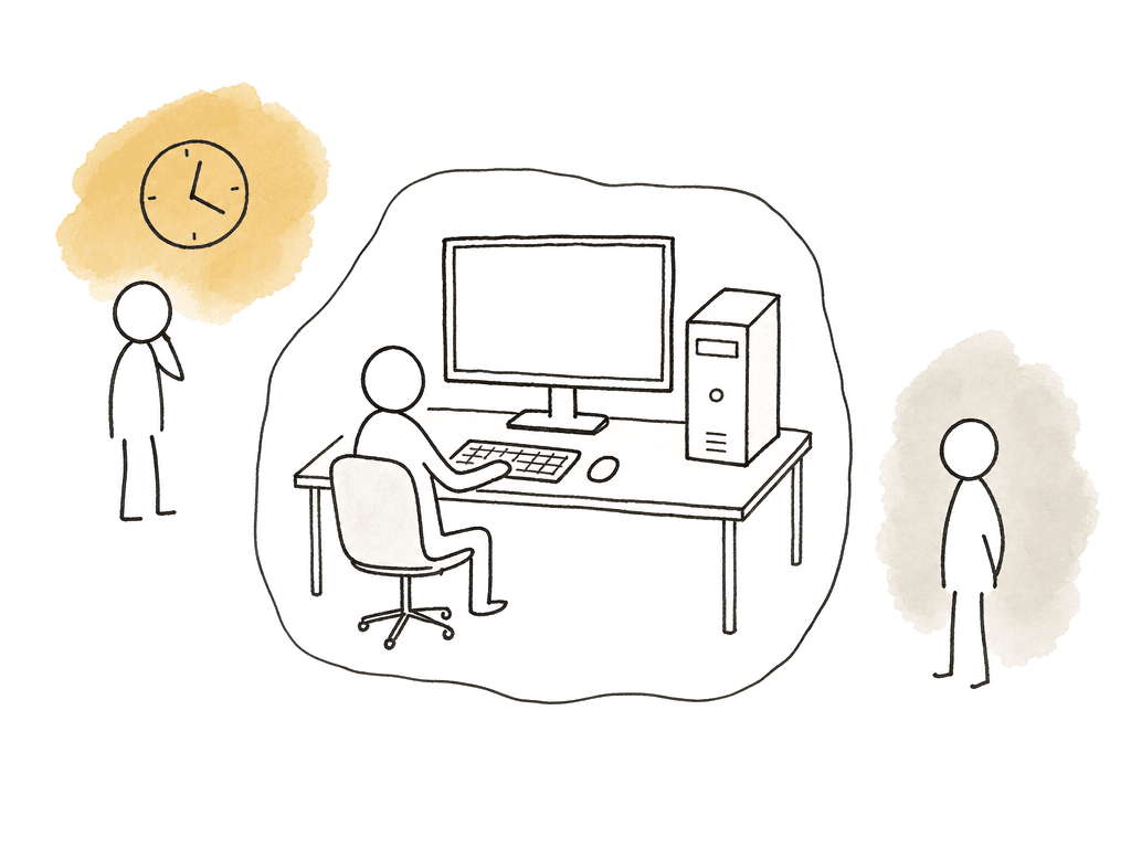 Hand-drawn diagram of one user controlling a shared workstation while two other users wait or observe nearby.