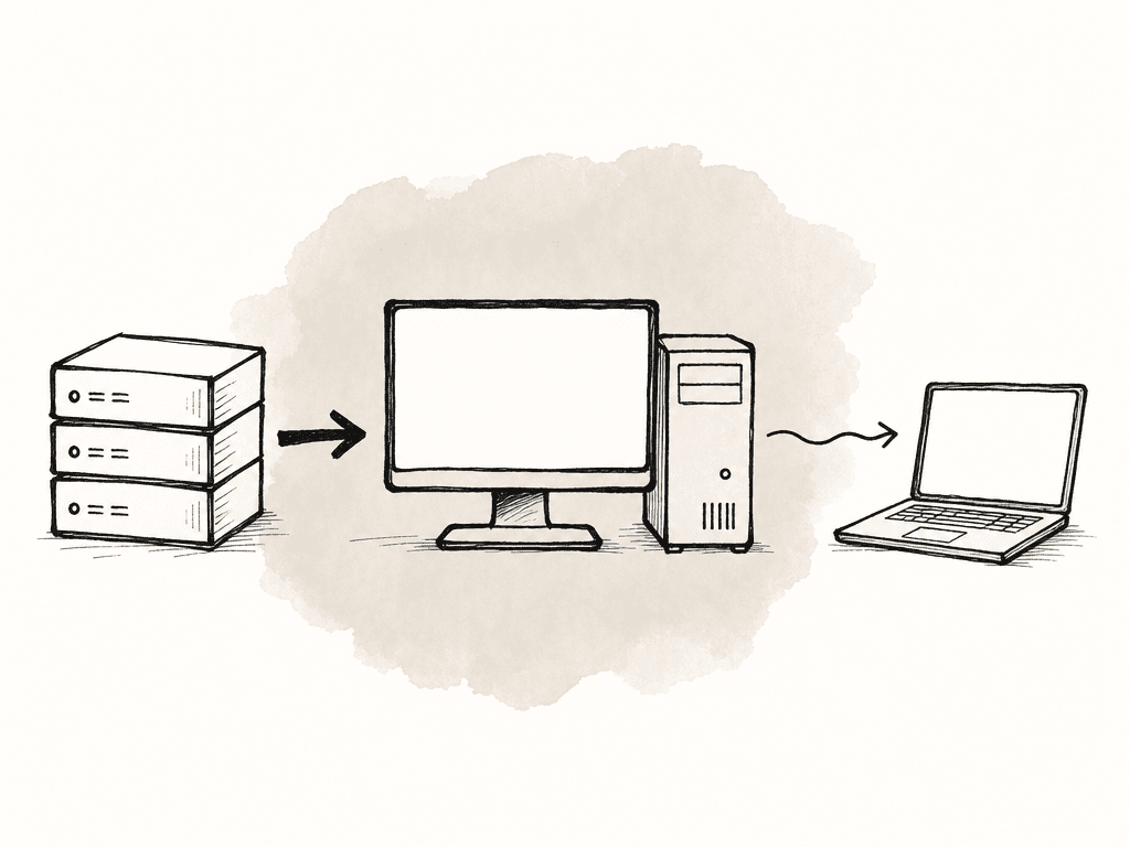 Hand-drawn diagram showing shared storage connected to a workstation, with a remote laptop receiving a display stream.
