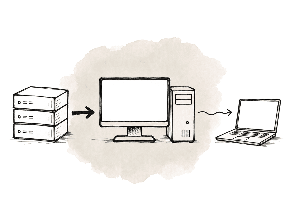 Hand-drawn diagram showing shared storage connected to a workstation, with a remote laptop receiving a display stream.