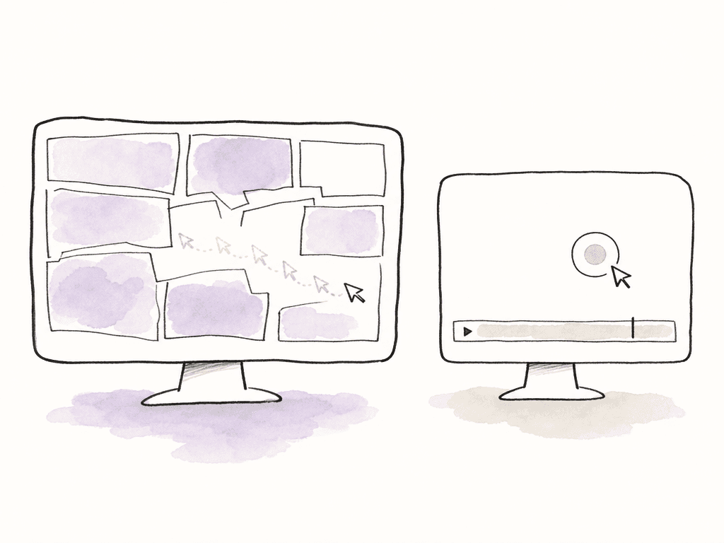 Hand-drawn comparison of a large choppy remote desktop stream beside a smaller smooth responsive stream.