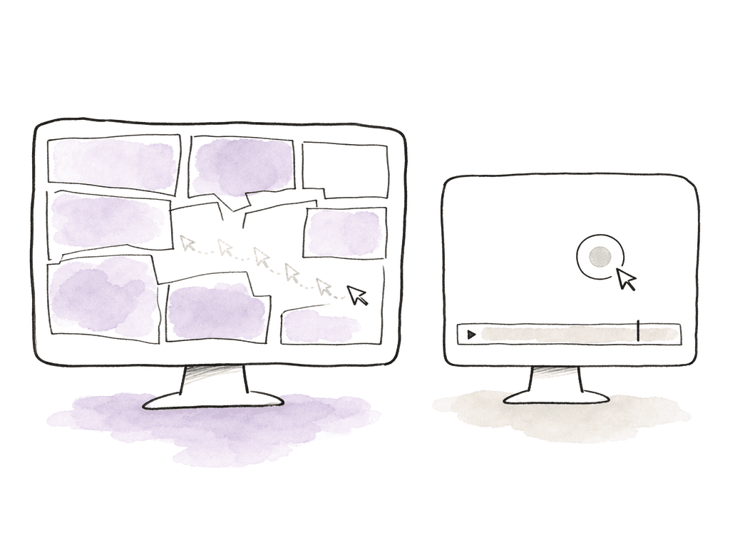 Hand-drawn comparison of a large choppy remote desktop stream beside a smaller smooth responsive stream.