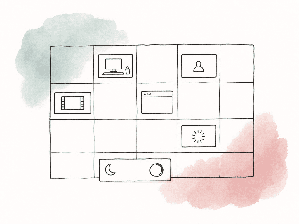 Hand-drawn calendar with workstation booking blocks containing icons for user, project, app, and ongoing render.