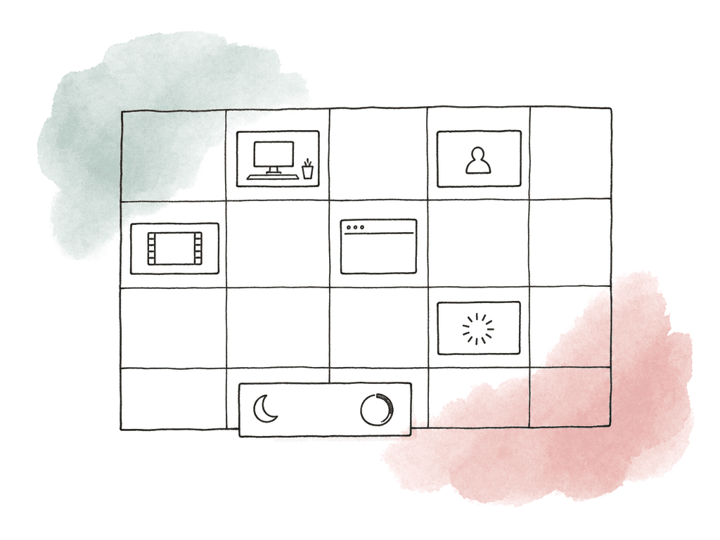 Hand-drawn calendar with workstation booking blocks containing icons for user, project, app, and ongoing render.