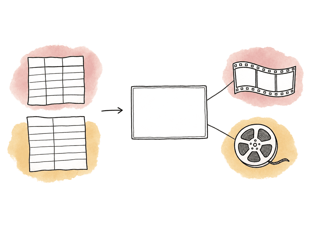 Two separate messy tracking sheets sit beside one clean shared shot record connected to editorial and vendor objects.