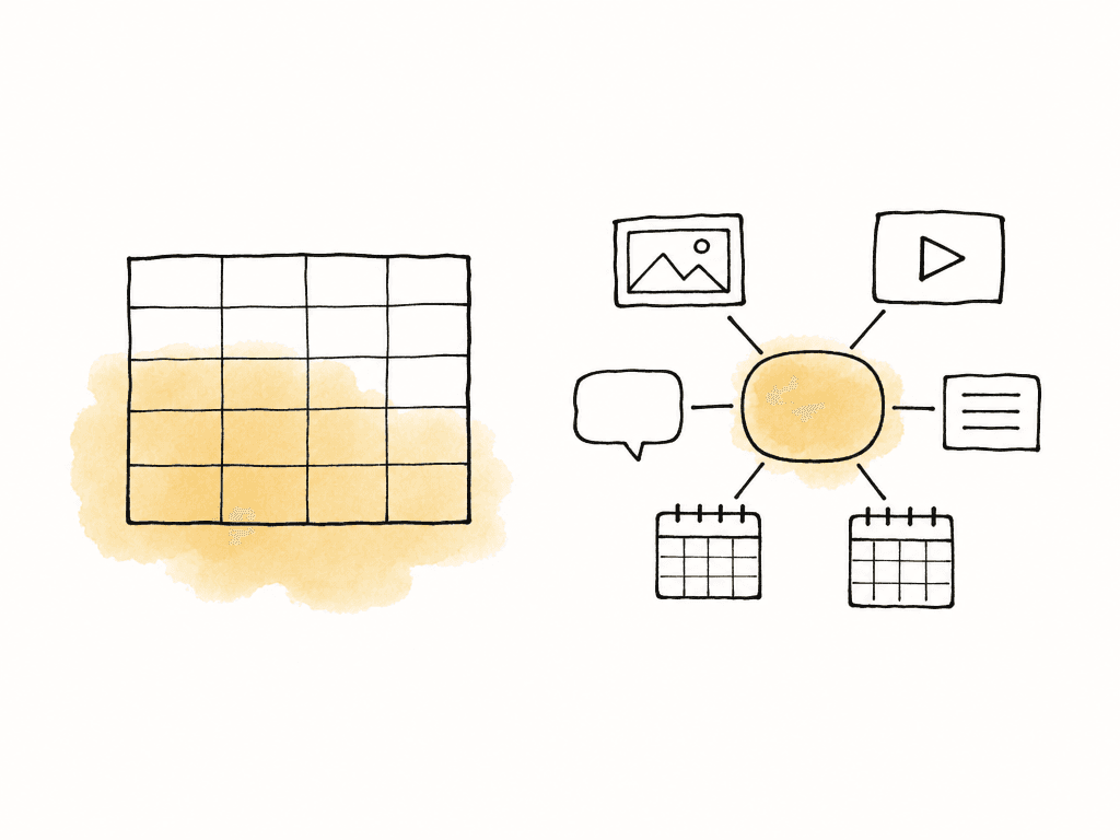 A simple grid sheet is compared with a connected tracking hub made of linked media and schedule shapes.