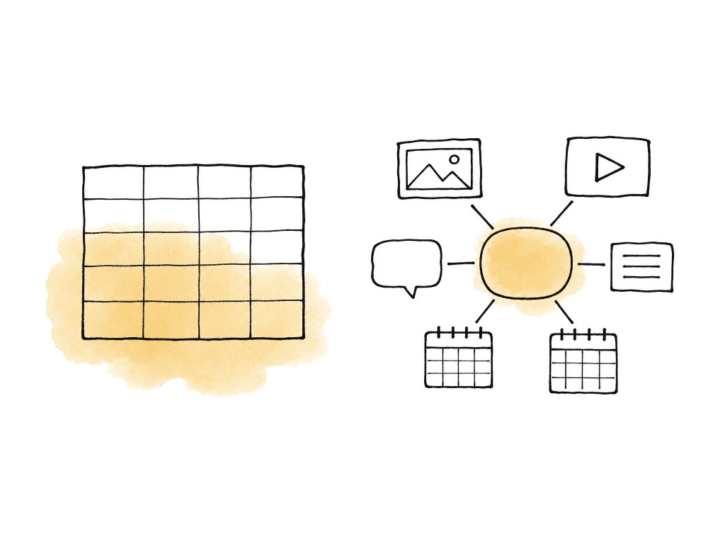 A simple grid sheet is compared with a connected tracking hub made of linked media and schedule shapes.