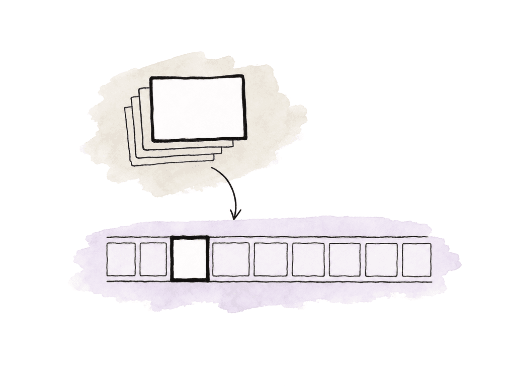 A stack of submitted video frames sits apart from a film timeline that has an older frame highlighted.