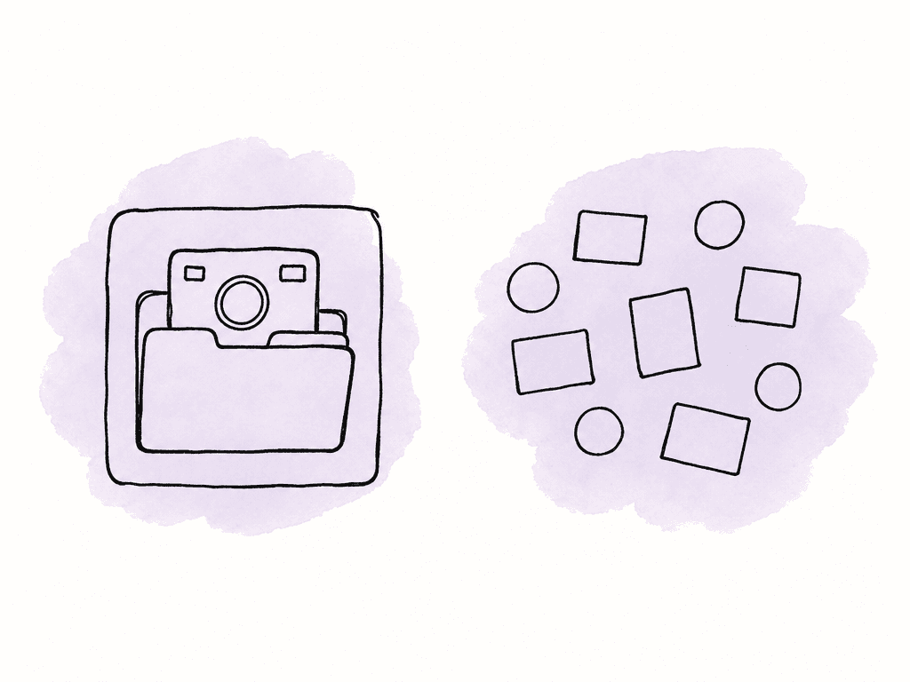 An intact camera card folder bundle is contrasted with loose scattered media pieces.