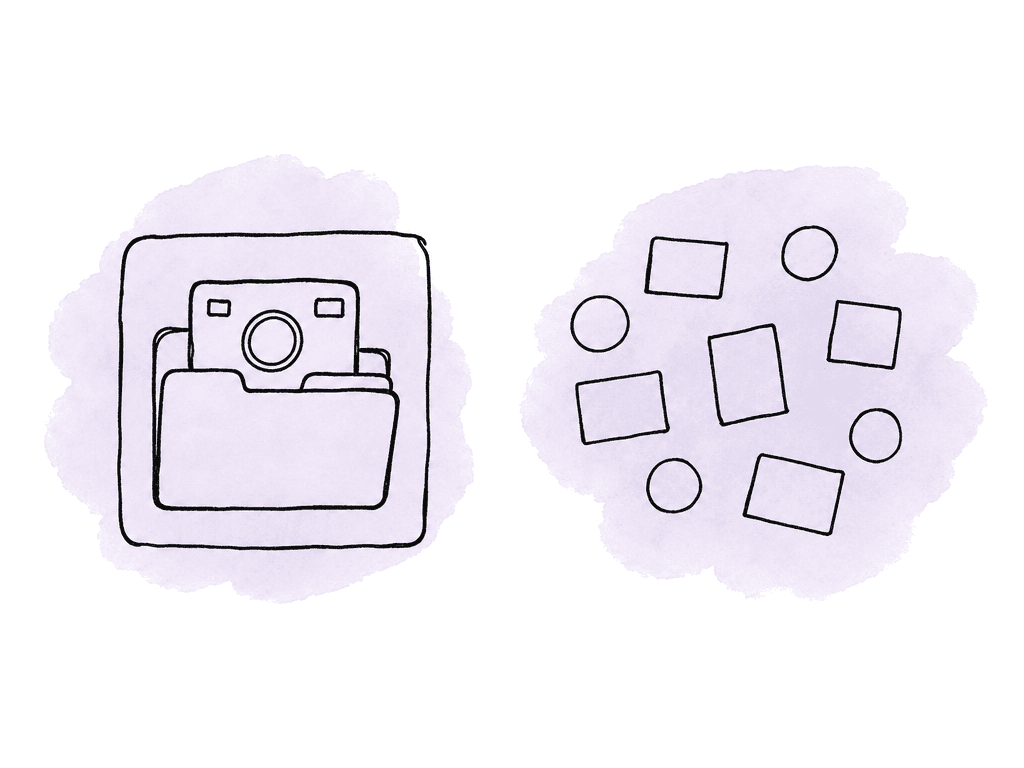 An intact camera card folder bundle is contrasted with loose scattered media pieces.