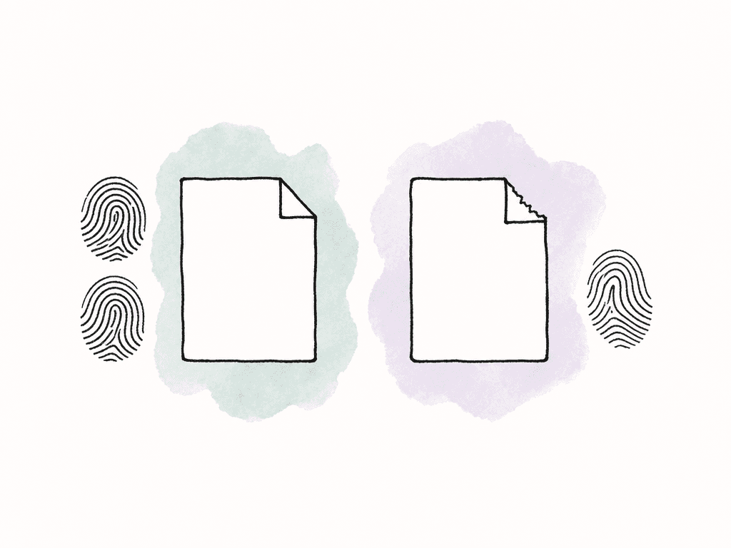 File icons compare checksum fingerprints, with a matching fingerprint pair and an altered file showing a different fingerprint.