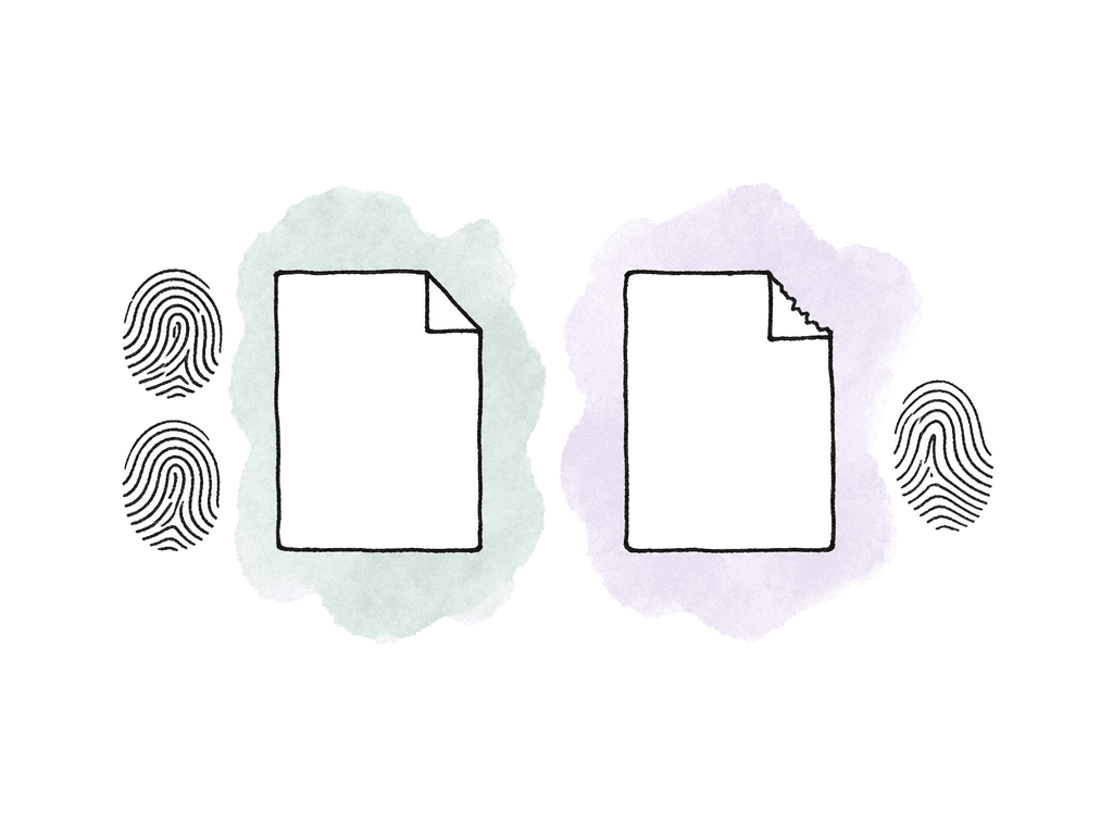 File icons compare checksum fingerprints, with a matching fingerprint pair and an altered file showing a different fingerprint.