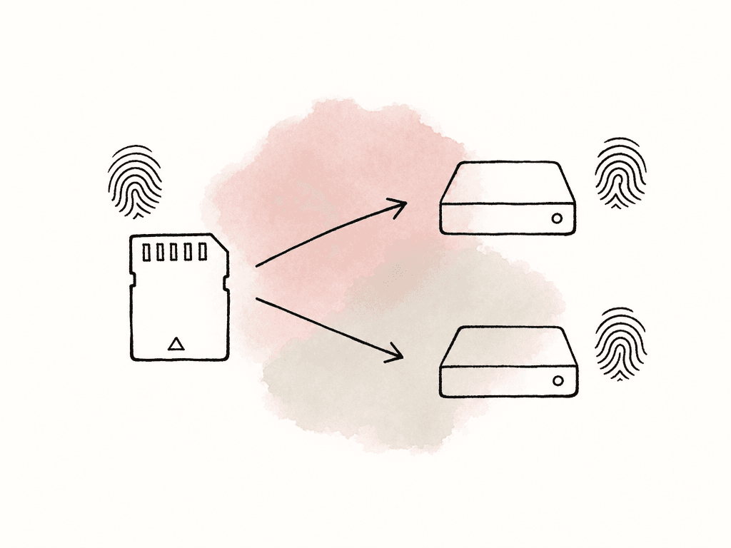 A camera card reference fingerprint is compared to fingerprints on two destination drives.