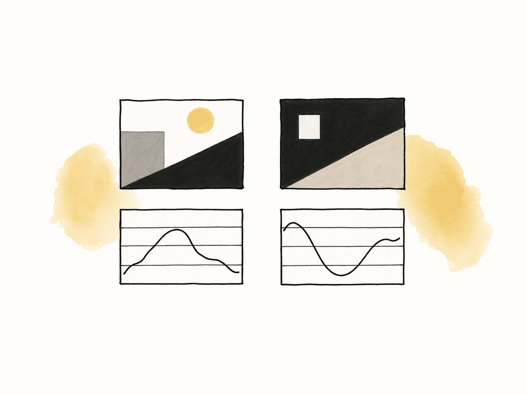 Two abstract video images are compared with simple waveform scope shapes underneath them.