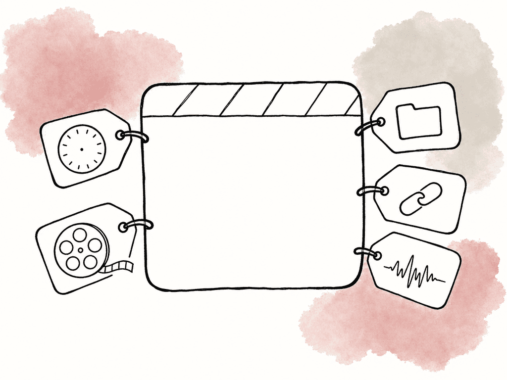 A media clip has several attached icon tags representing timecode, reel, folder path, link, and audio information.
