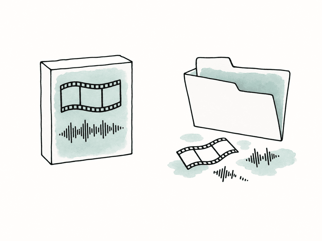 A tidy single media container is shown beside scattered separate video and audio pieces spilling from a folder.