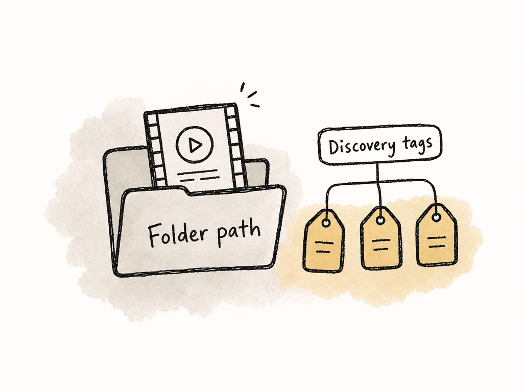 Doodle of one media file in a folder with multiple metadata labels branching from it for discovery.