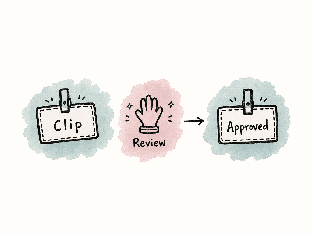 Doodle showing a review-stage stamp adding an approved label to a media clip.