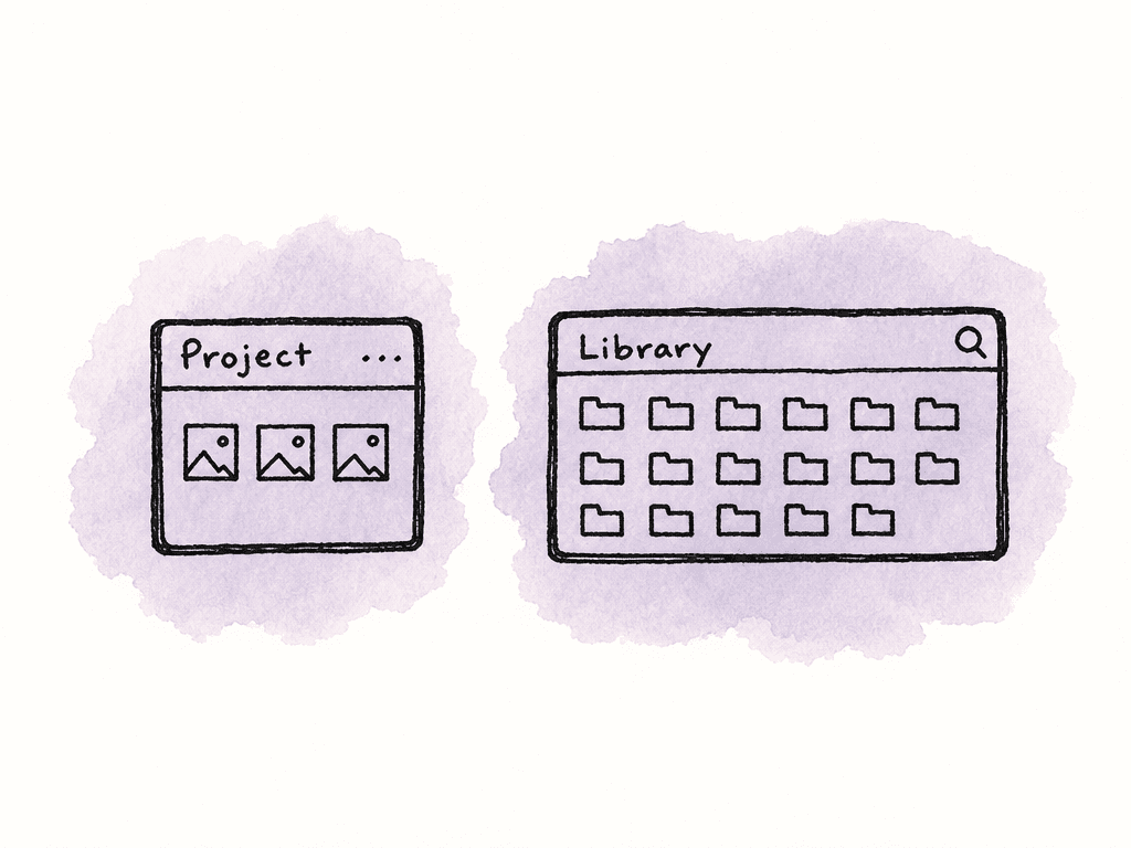 Doodle comparing search inside one NLE project with broader search across a media library system.