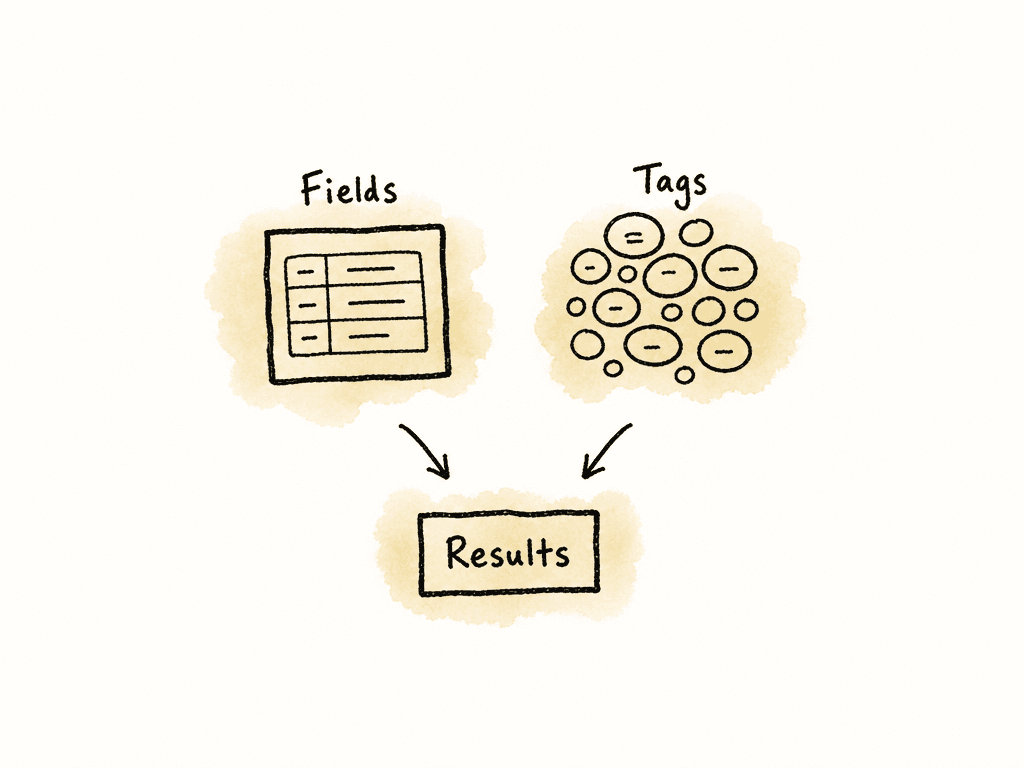 Doodle showing structured metadata fields beside a loose tag cloud, both feeding into search results.