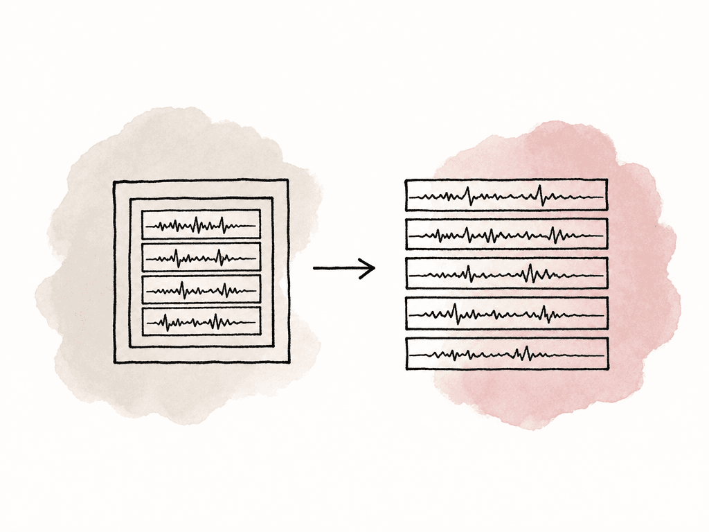Doodle of nested audio boxes changing into clean parallel waveform tracks.