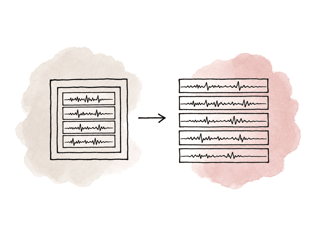 Doodle of nested audio boxes changing into clean parallel waveform tracks.