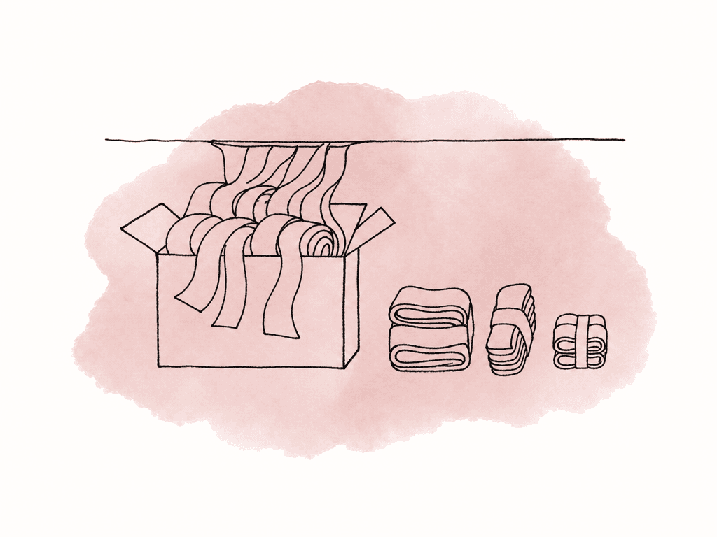 Doodle of an overflowing audio media box squeezed under a low ceiling with smaller split bundles beside it.