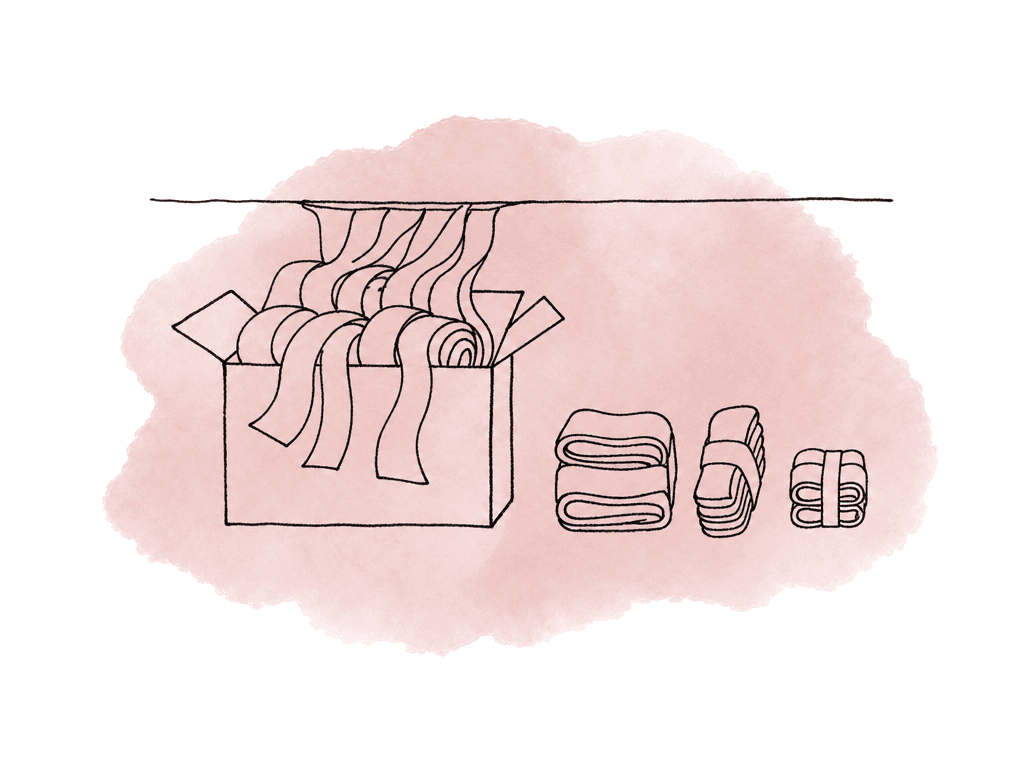 Doodle of an overflowing audio media box squeezed under a low ceiling with smaller split bundles beside it.