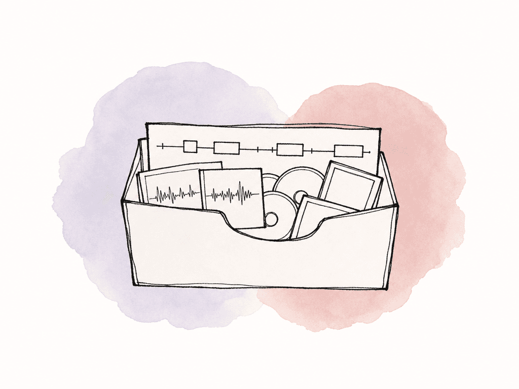 Hand drawn file container holding a timeline strip and several small audio clip shapes.