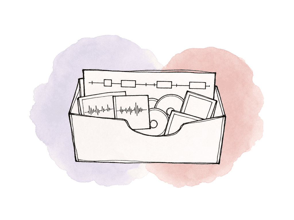 Hand drawn file container holding a timeline strip and several small audio clip shapes.