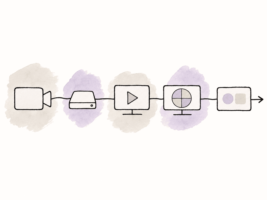 A flat doodle workflow showing camera media moving through a drive, an edit timeline, a color stage, and a final linked master.