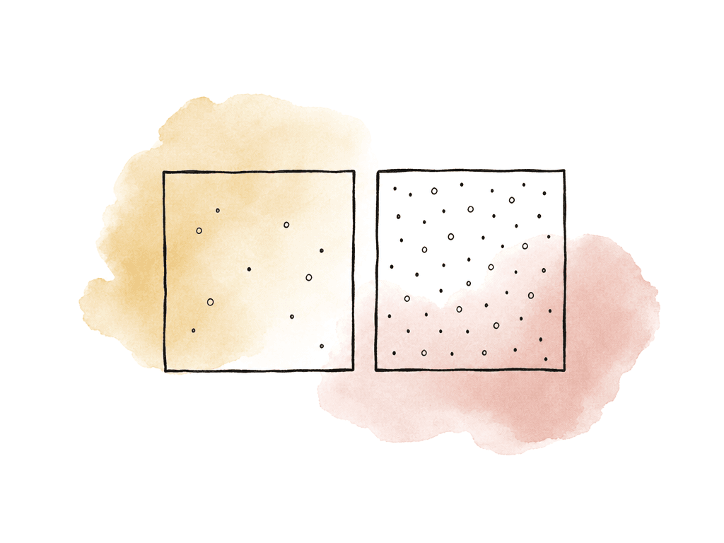 A doodle comparing two image frames, one with sparse sampling dots and one with denser sampling dots.