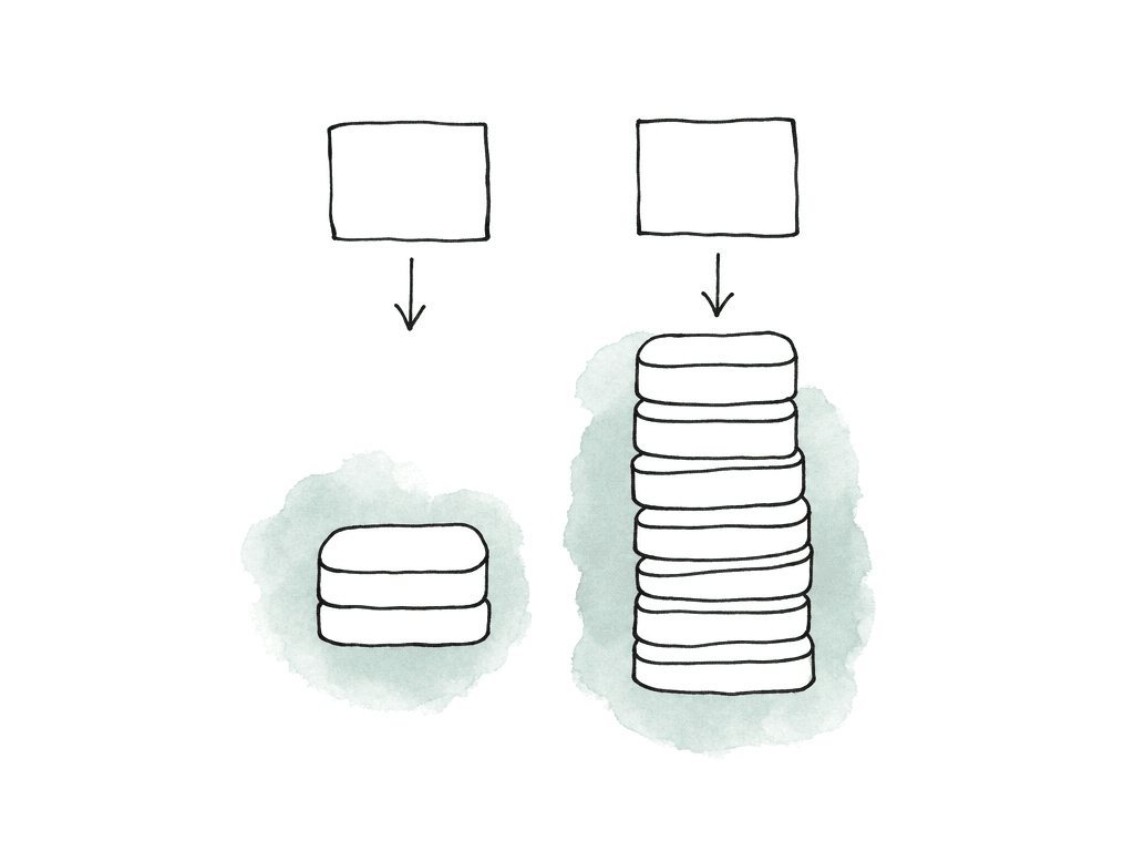 A doodle of two camera cards feeding drive stacks, with one small stack and one much taller stack showing greater storage demand.