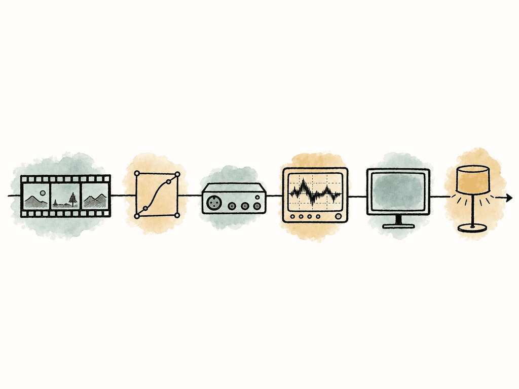 A connected chain of production icons runs from timeline through output and scopes to a monitor and viewing room.