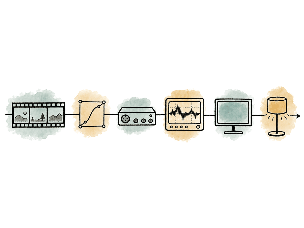 A connected chain of production icons runs from timeline through output and scopes to a monitor and viewing room.