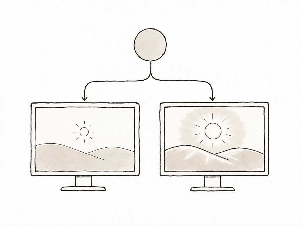 One source feeds two monitors that show the same scene at different brightness levels.