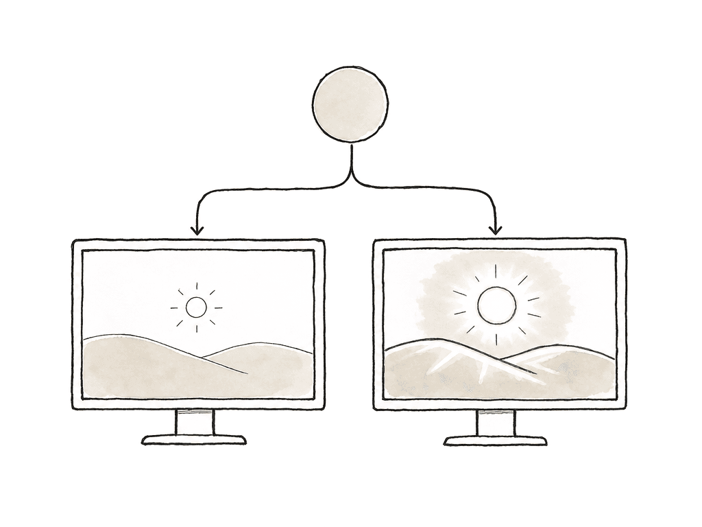 One source feeds two monitors that show the same scene at different brightness levels.
