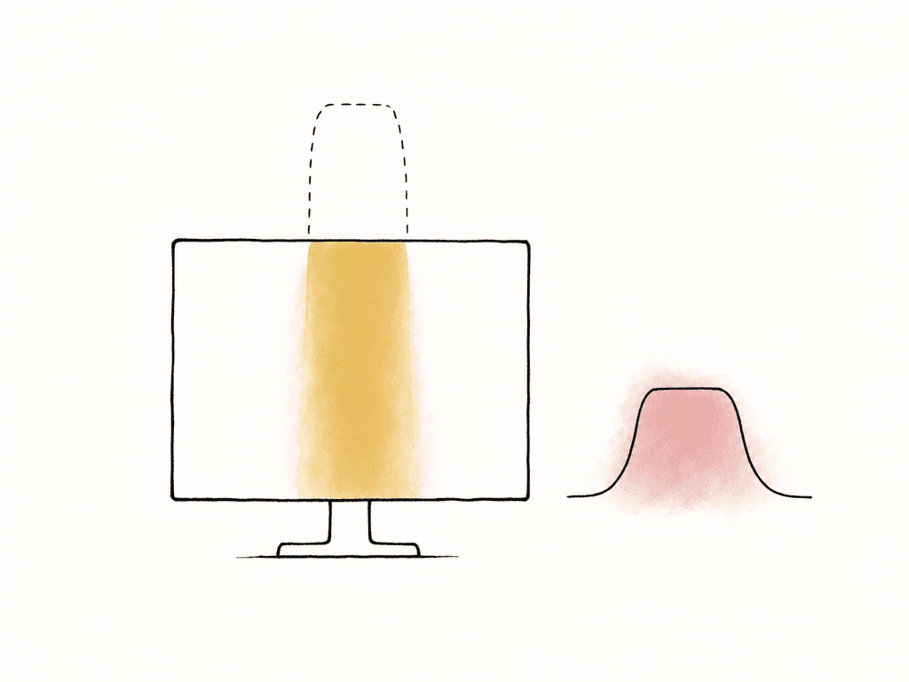 A monitor clips a bright highlight while a faint extension above the screen suggests unseen image detail.