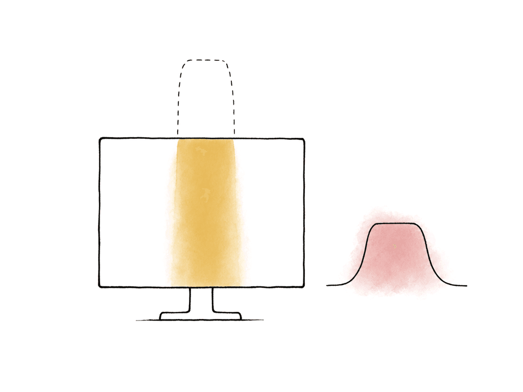 A monitor clips a bright highlight while a faint extension above the screen suggests unseen image detail.