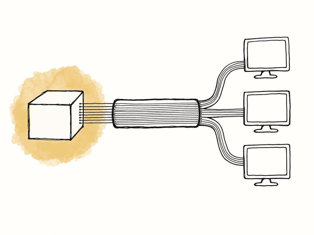 Several film strip streams flow from shared storage through one network path to multiple editor screens.